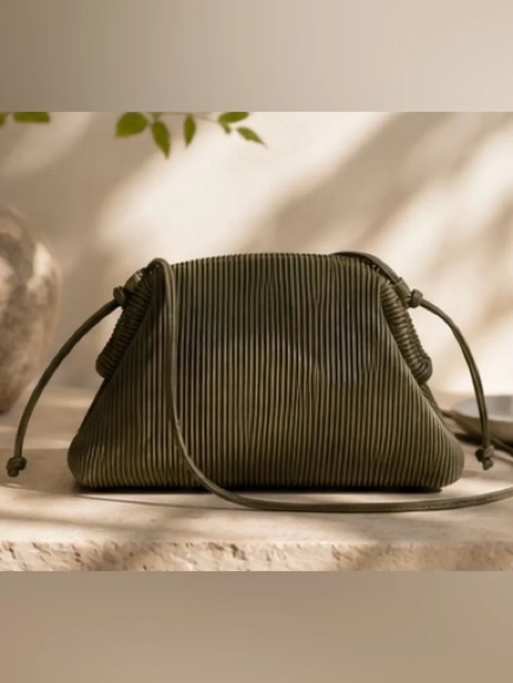 Luxury Pleated Shoulder Bag in Olive Khaki Modern Fashion Handbag